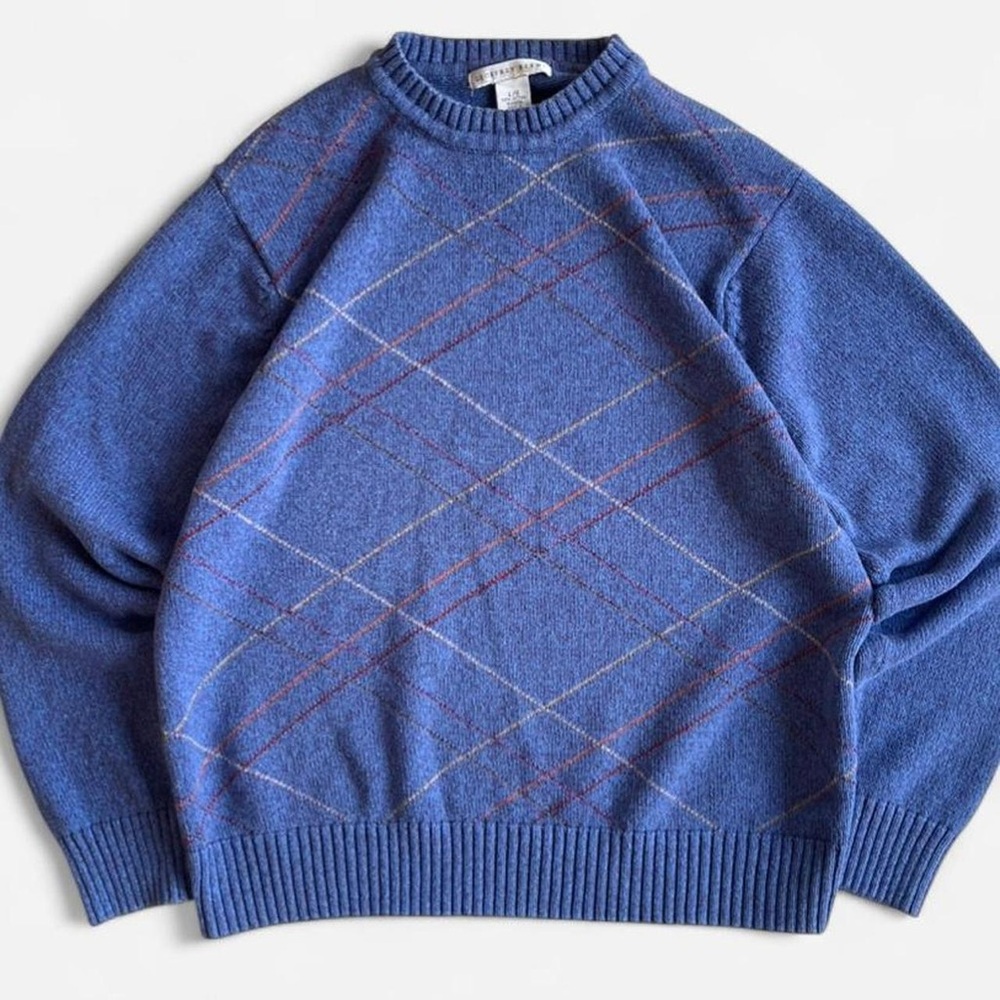 Vintage Geoffrey Beene Blue Blend Knit Argyle Pattern Crewneck Cotton Sweater L